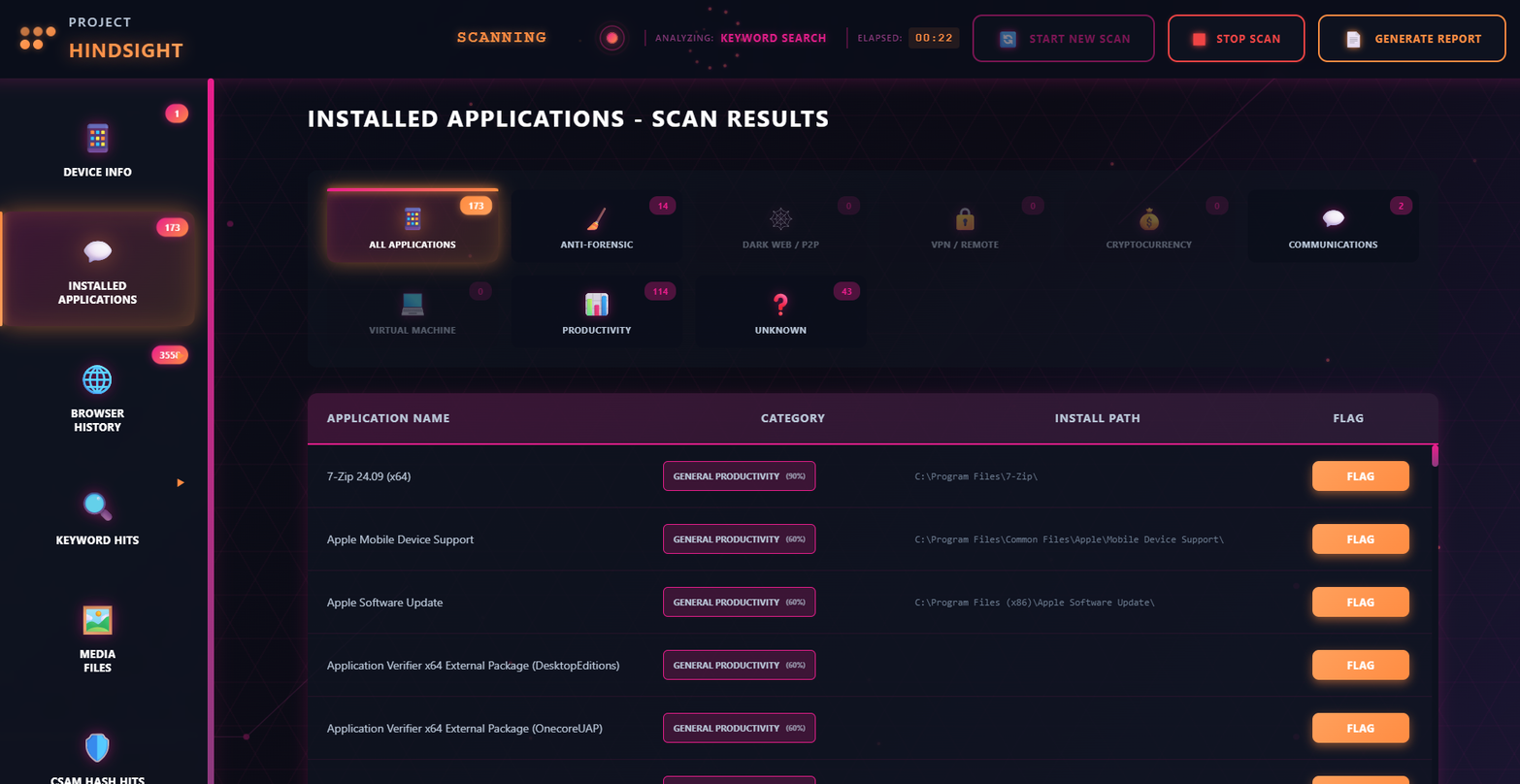 Installed applications scan results grouped by anti-forensic, VPN, P2P, cryptocurrency and more