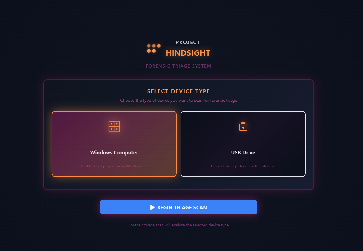 Project Hindsight device selection screen — choose a Windows computer or USB drive to triage