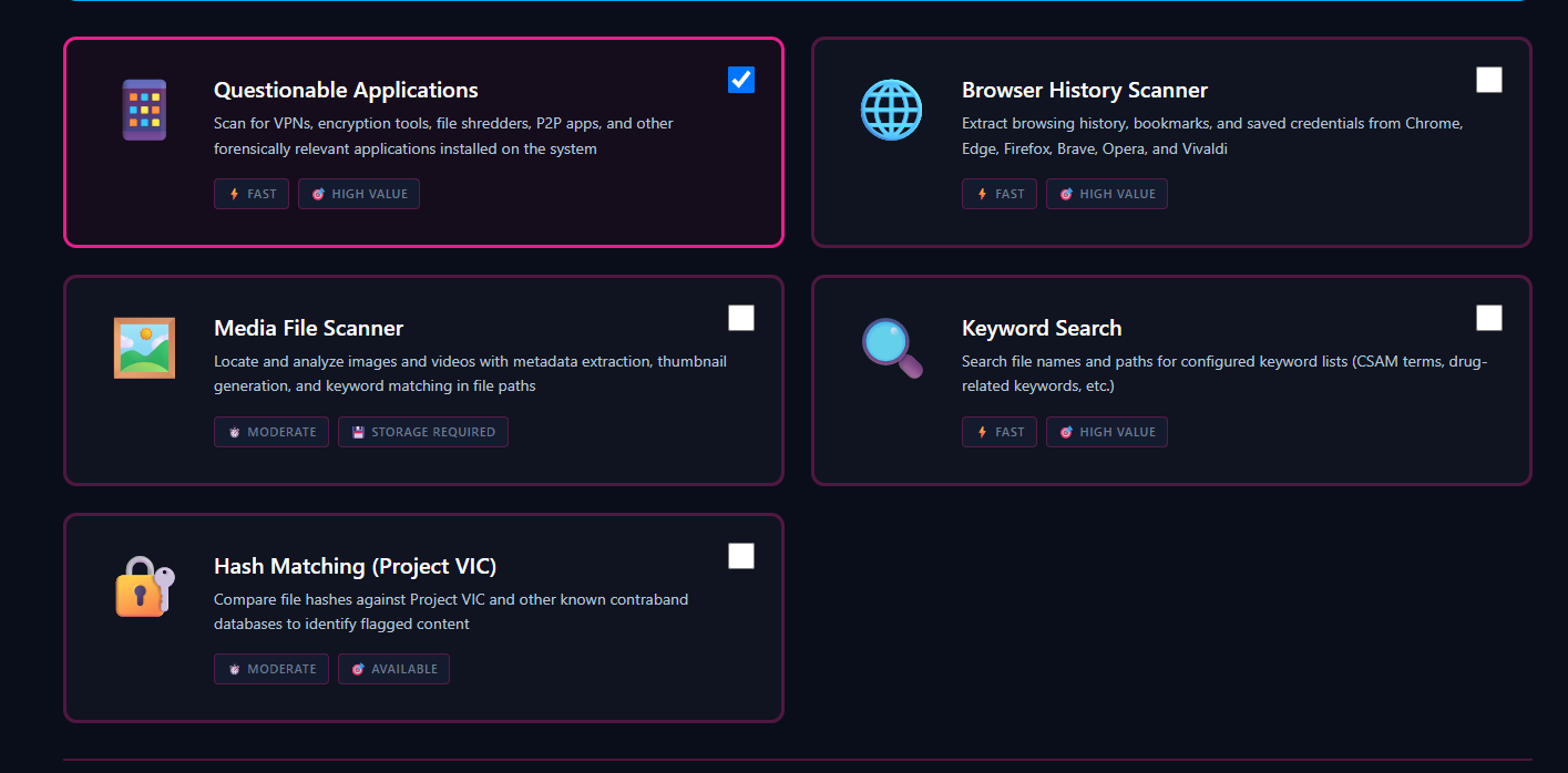 Hindsight scan module selection — questionable applications, browser history, media, keyword search, and Project VIC hash matching