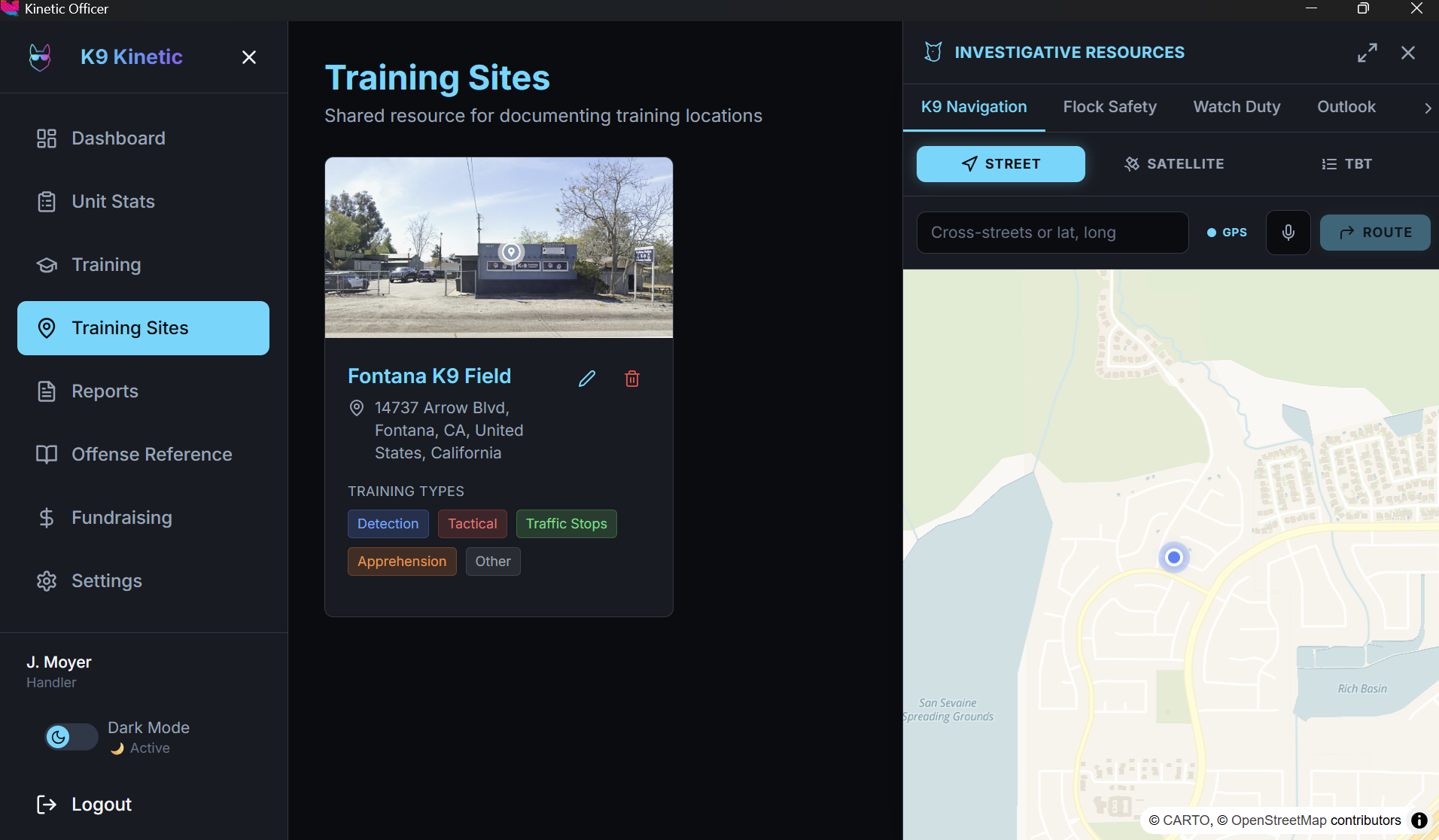 Training Sites with the Investigative Resources tray open to K9 Navigation and a live map
