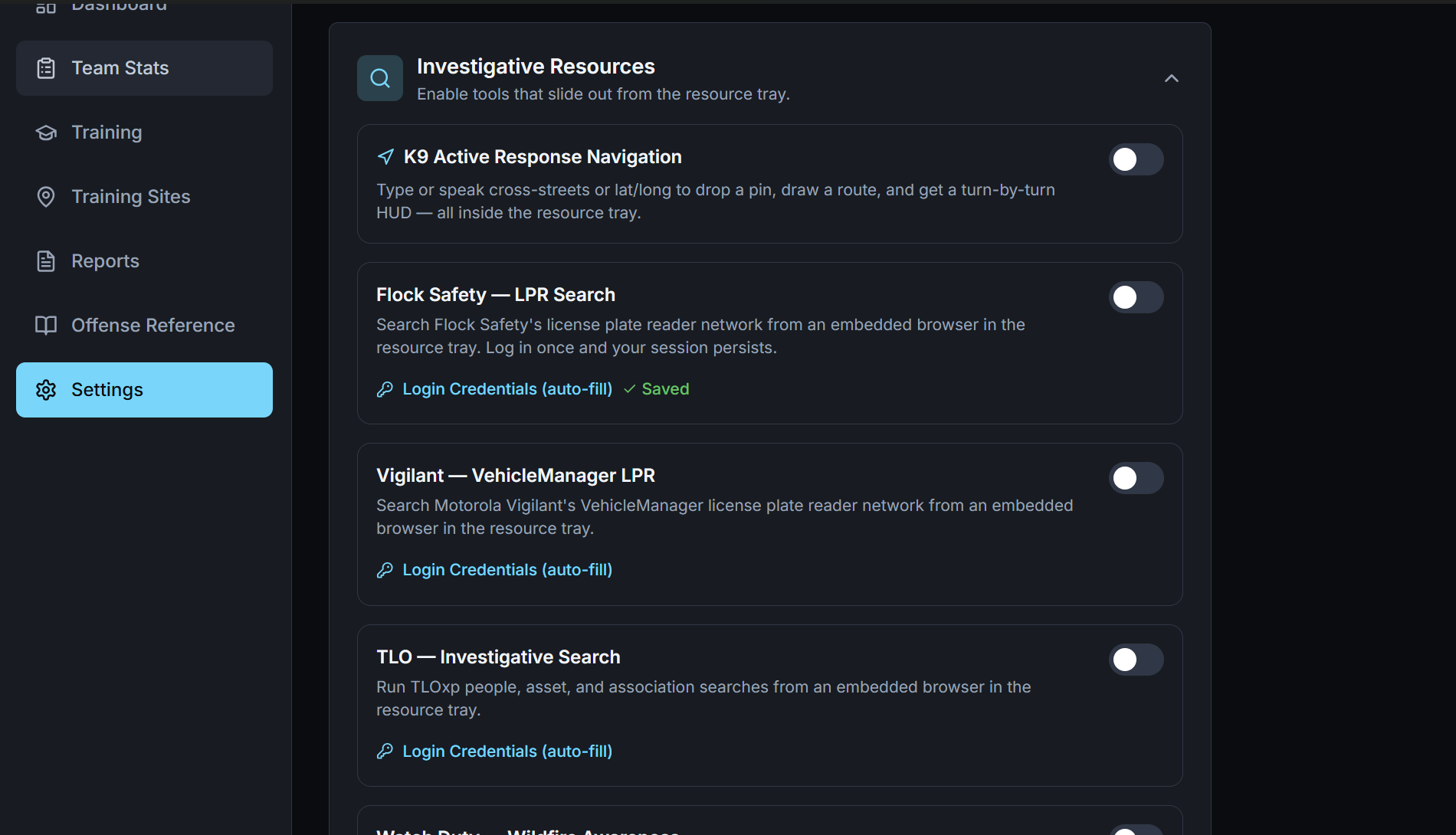 Settings for enabling investigative resource integrations