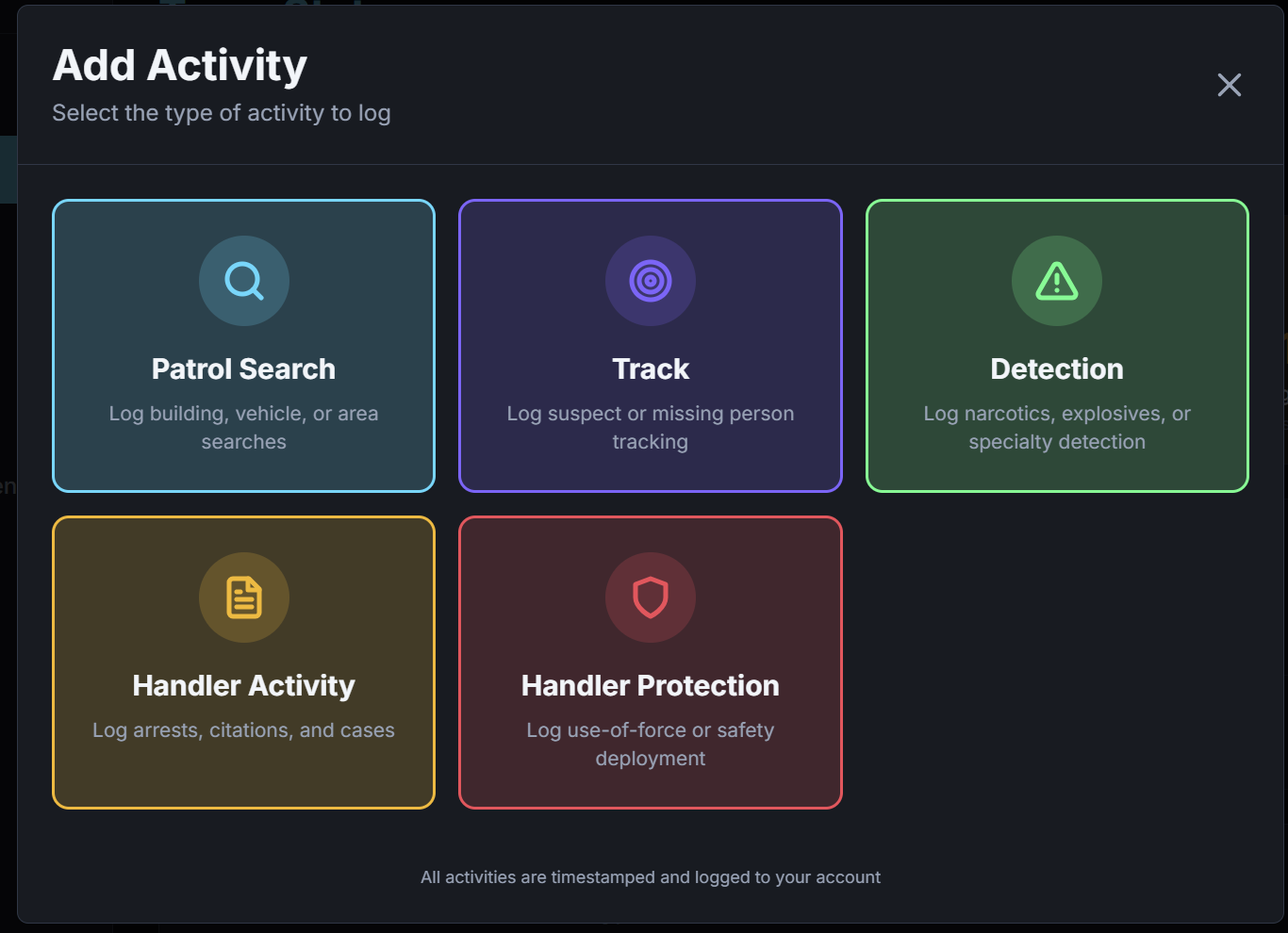 Add Activity screen — Patrol Search, Track, Detection, Handler Activity, and Handler Protection