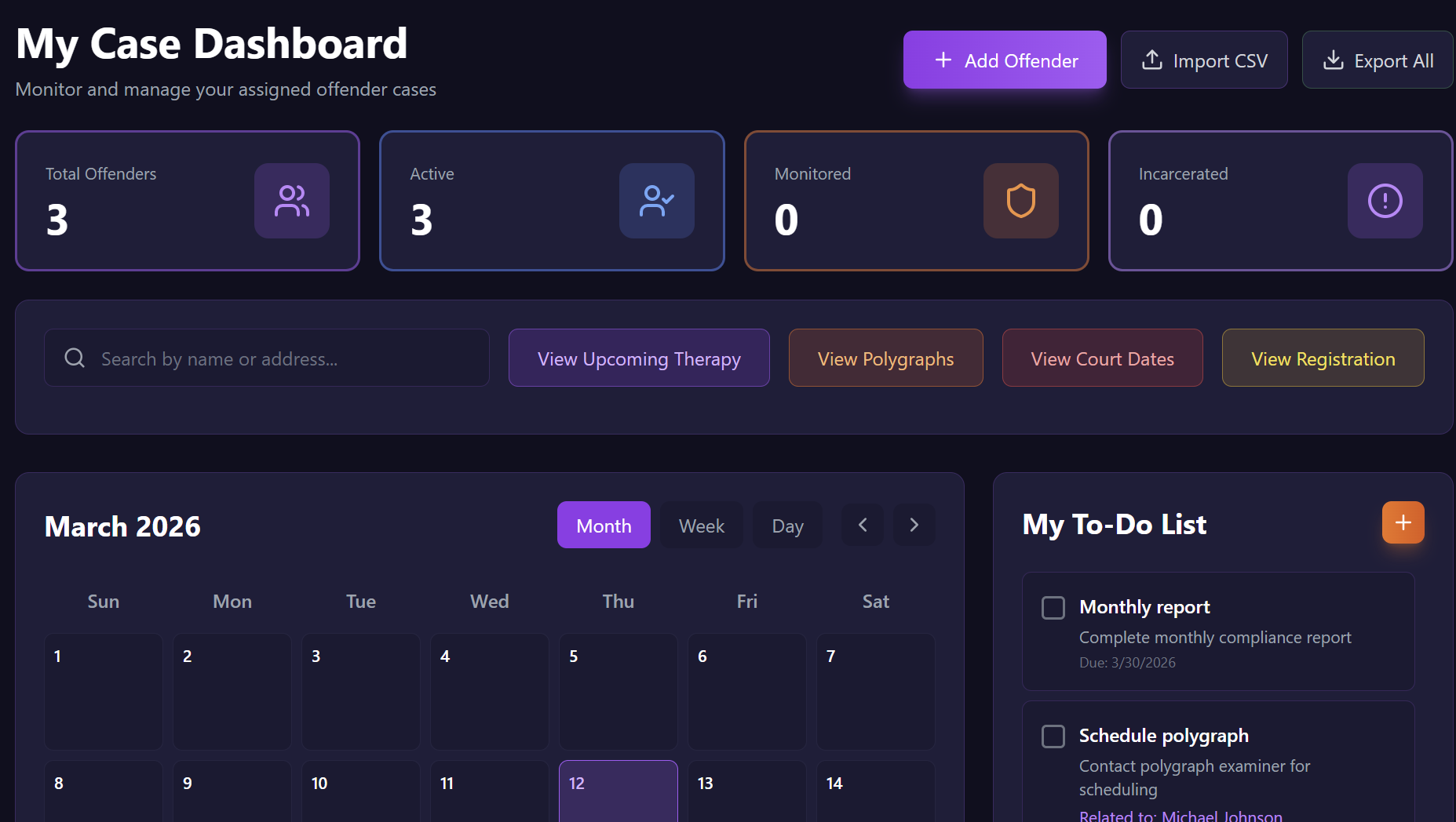 Project Oversight case dashboard with offender stats, calendar, and to-do list