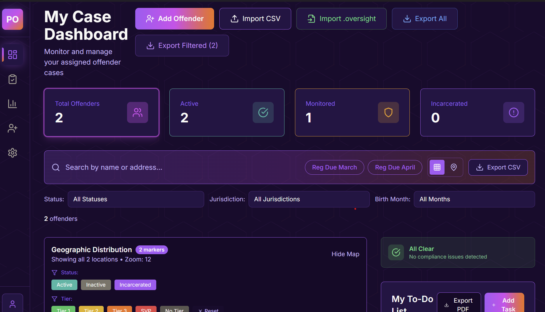 Case dashboard showing Import CSV and Import .oversight options