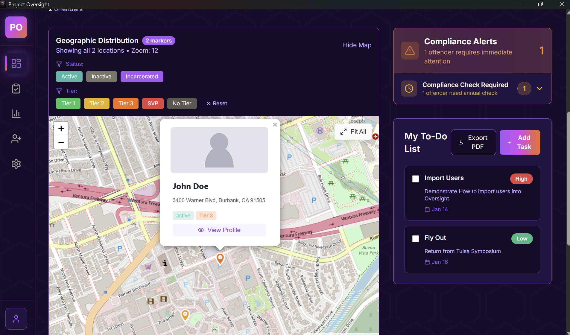 Geographic distribution map with offender markers and tier filters