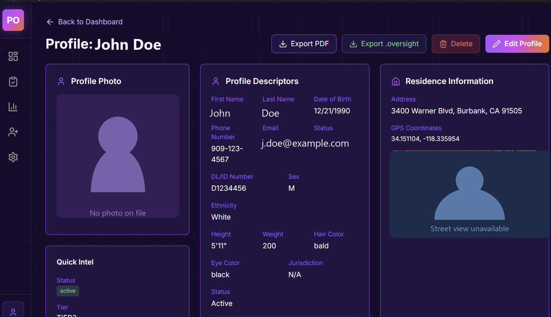 Offender profile with photo, descriptors, and residence information stored locally