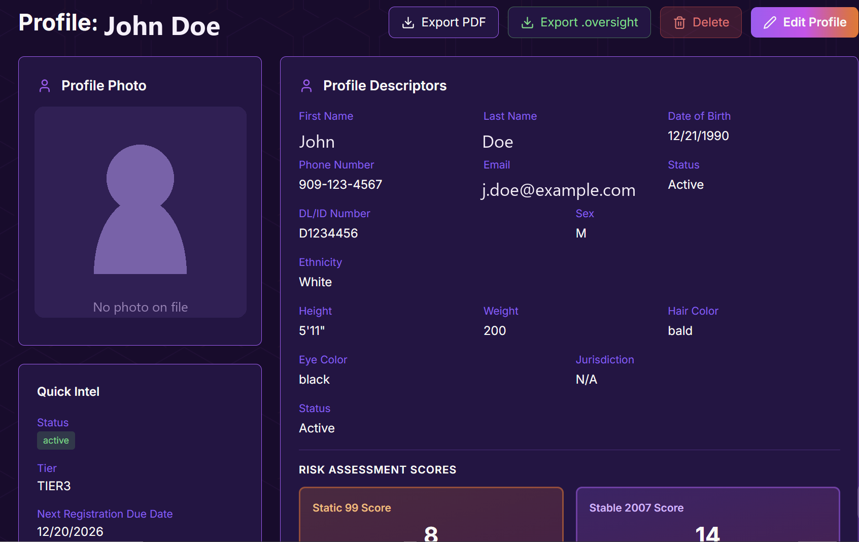 Offender profile with Export .oversight and Export PDF options for VIPER handoff